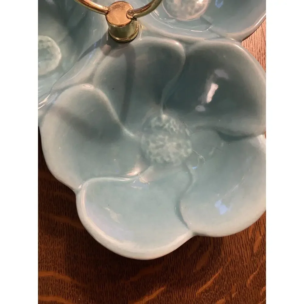 Vintage Teal Blue California Pottery 502 Divided Flower Dish Center Gold Handle